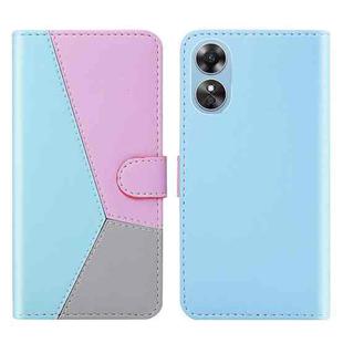 For OPPO A17 Tricolor Stitching Flip Leather Phone Case(Blue)