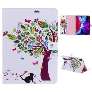 For iPad Pro 12.9 (2020) Colored Drawing Horizontal Flip Leather Tablet Case with Holder & Card Slot & Wallet(Cat and Tree)