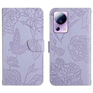 For Xiaomi 13 Lite HT03 Skin Feel Butterfly Embossed Flip Leather Phone Case(Purple)
