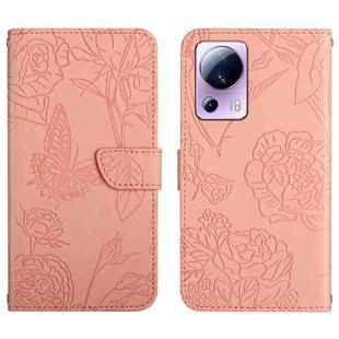 For Xiaomi 13 Lite HT03 Skin Feel Butterfly Embossed Flip Leather Phone Case(Pink)