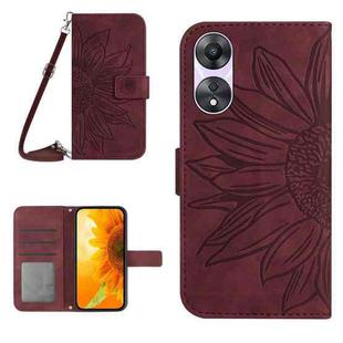 For OPPO Reno8 T 5G/A1 Pro 5G HT04 Skin Feel Sun Flower Embossed Flip Leather Phone Case with Lanyard(Wine Red)