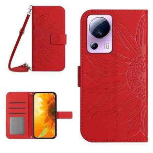 For Xiaomi 13 Lite HT04 Skin Feel Sun Flower Embossed Flip Leather Phone Case with Lanyard(Red)