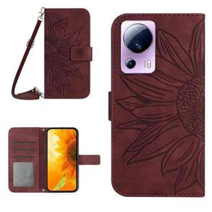 For Xiaomi 13 Lite HT04 Skin Feel Sun Flower Embossed Flip Leather Phone Case with Lanyard(Wine Red)