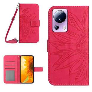 For Xiaomi 13 Lite HT04 Skin Feel Sun Flower Embossed Flip Leather Phone Case with Lanyard(Rose Red)
