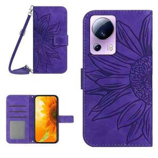 For Xiaomi 13 Lite HT04 Skin Feel Sun Flower Embossed Flip Leather Phone Case with Lanyard(Dark Purple)