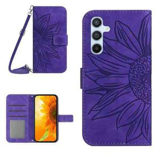 For Samsung Galaxy A24 4G HT04 Skin Feel Sun Flower Embossed Flip Leather Phone Case with Lanyard(Dark Purple)