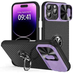 For iPhone 14 Pro Sliding Camshield Armor Phone Case with Ring Holder(Purple Black)