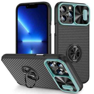 For iPhone 13 Pro Max Sliding Camshield Armor Phone Case with Ring Holder(Grey Green Black)