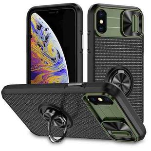 For iPhone XS Max Sliding Camshield Armor Phone Case with Ring Holder(Army Green Black)