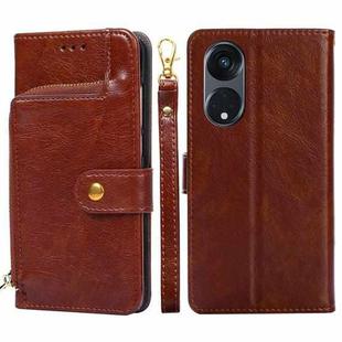For OPPO Reno8 T 5G/A1 Pro 5G Zipper Bag Leather Phone Case(Brown)