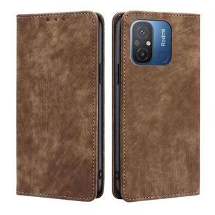 For Xiaomi Redmi 12C 4G RFID Anti-theft Brush Magnetic Leather Phone Case(Brown)