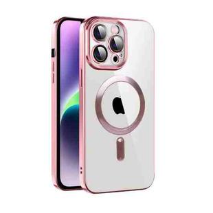 For iPhone 14 Plus CD Texture Plating TPU MagSafe Phone Case with Lens Film(Pink)