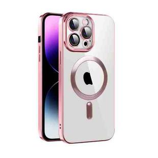 For iPhone 14 Pro CD Texture Plating TPU MagSafe Phone Case with Lens Film(Pink)