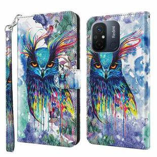 For Xiaomi Redmi 11A 4G 3D Painting Pattern Leather Phone Case(Watercolor Owl)