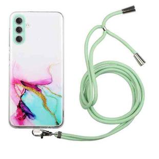 For Samsung Galaxy A34 5G Hollow Marble Pattern TPU Shockproof Phone Case with Neck Strap Rope(Green)