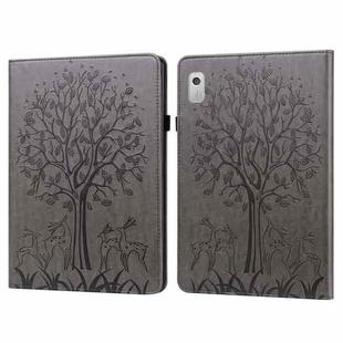 For Lenovo Tab M8 4th Gen TB-300FU Tree & Deer Pattern Embossed Leather Tablet Case(Grey)