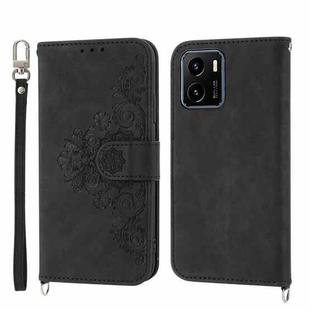 For vivo Y15s 2021 Skin-feel Flowers Embossed Wallet Leather Phone Case(Black)