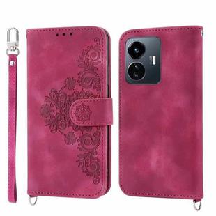 For vivo Y77 5G Skin-feel Flowers Embossed Wallet Leather Phone Case(Wine Red)