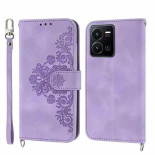 For vivo Y35 4G 2022 Skin-feel Flowers Embossed Wallet Leather Phone Case(Purple)