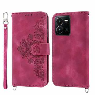 For vivo Y35 4G 2022 Skin-feel Flowers Embossed Wallet Leather Phone Case(Wine Red)
