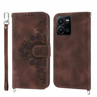 For vivo Y35 4G 2022 Skin-feel Flowers Embossed Wallet Leather Phone Case(Brown)