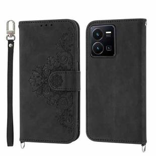 For vivo Y35 4G 2022 Skin-feel Flowers Embossed Wallet Leather Phone Case(Black)