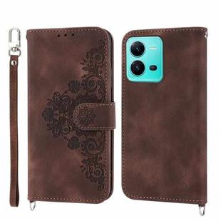 For vivo V25 5G Skin-feel Flowers Embossed Wallet Leather Phone Case(Brown)