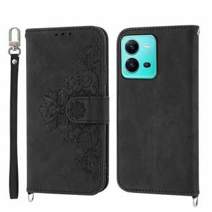 For vivo V25 5G Skin-feel Flowers Embossed Wallet Leather Phone Case(Black)