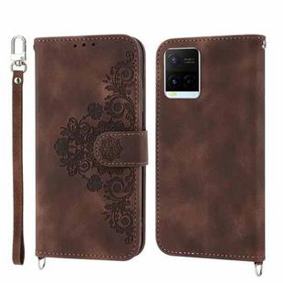 For vivo V21 2021 Skin-feel Flowers Embossed Wallet Leather Phone Case(Brown)