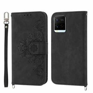 For vivo V21 2021 Skin-feel Flowers Embossed Wallet Leather Phone Case(Black)