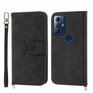 For Motorola Moto G Play 2023 Skin-feel Flowers Embossed Wallet Leather Phone Case(Black)