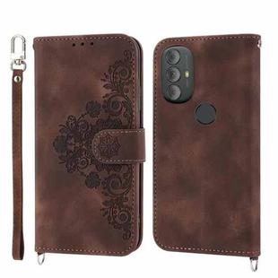 For Motorola Moto G Power 2022 Skin-feel Flowers Embossed Wallet Leather Phone Case(Brown)