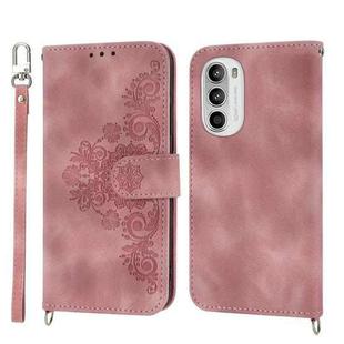 For Motorola Moto G52 Skin-feel Flowers Embossed Wallet Leather Phone Case(Pink)