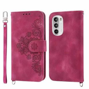 For Motorola Moto G52 Skin-feel Flowers Embossed Wallet Leather Phone Case(Wine Red)