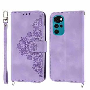 For Motorola Moto G22 Skin-feel Flowers Embossed Wallet Leather Phone Case(Purple)