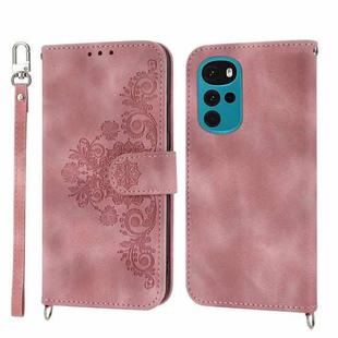 For Motorola Moto G22 Skin-feel Flowers Embossed Wallet Leather Phone Case(Pink)