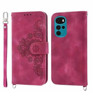 For Motorola Moto G22 Skin-feel Flowers Embossed Wallet Leather Phone Case(Wine Red)
