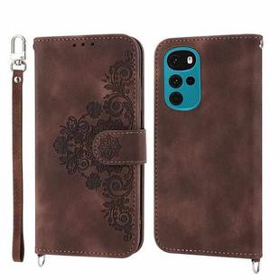 For Motorola Moto G22 Skin-feel Flowers Embossed Wallet Leather Phone Case(Brown)