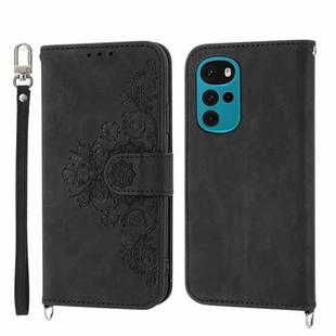 For Motorola Moto G22 Skin-feel Flowers Embossed Wallet Leather Phone Case(Black)