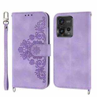 For Motorola Moto G72 Skin-feel Flowers Embossed Wallet Leather Phone Case(Purple)