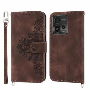 For Motorola Moto G72 Skin-feel Flowers Embossed Wallet Leather Phone Case(Brown)