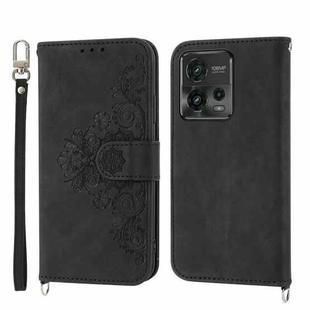 For Motorola Moto G72 Skin-feel Flowers Embossed Wallet Leather Phone Case(Black)