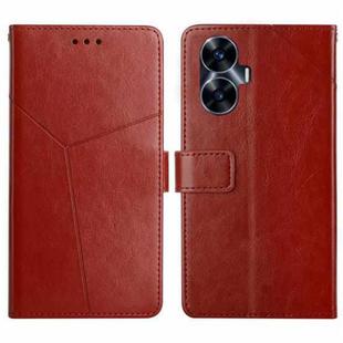 For Realme C55 HT01 Y-shaped Pattern Flip Leather Phone Case(Brown)