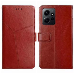 For Xiaomi Redmi Note 12 4G Global HT01 Y-shaped Pattern Flip Leather Phone Case(Brown)