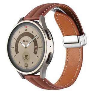 20mm Folding Buckle Grooved Genuine Leather Watch Band, Silver Buckle(Brown)
