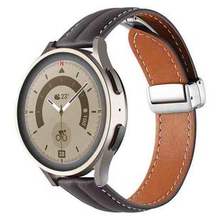20mm Folding Buckle Grooved Genuine Leather Watch Band, Silver Buckle(Coffee)