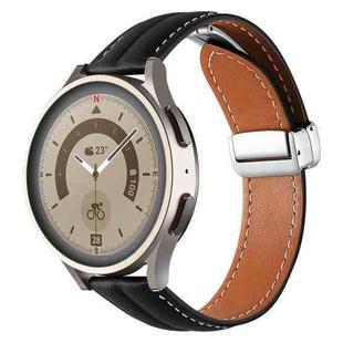 20mm Folding Buckle Grooved Genuine Leather Watch Band, Silver Buckle(Black)