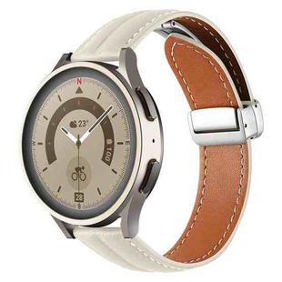 20mm Folding Buckle Grooved Genuine Leather Watch Band, Silver Buckle(Off White)