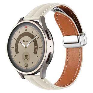 22mm Folding Buckle Grooved Genuine Leather Watch Band, Silver Buckle(Off White)