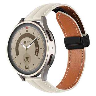 20mm Folding Buckle Grooved Genuine Leather Watch Band, Black Buckle(Off White)